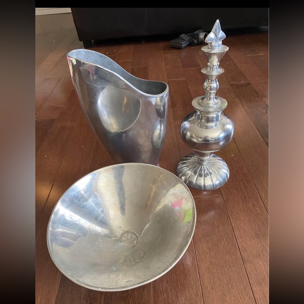 Pewter Anna Everlund Vase, Bowl & Chess King Decor lot of 3